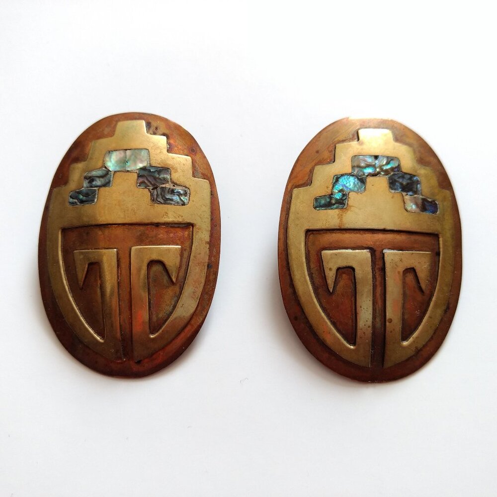 Vintage Abalone Inlay Copper Brass Earrings Made in Mexico